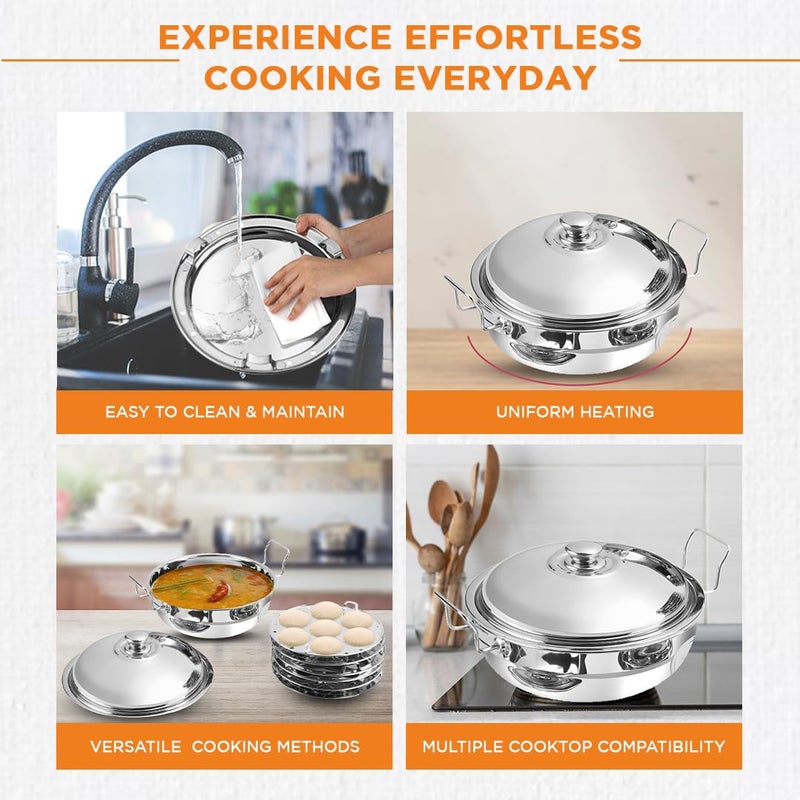 Kraft Stainless Steel Multi Kadai 5 Litre - 6 plate, 28 cm | 2 Idli, 2 Dhokla, 1 Patra & Mini Idli Plates | All in one Multipurpose idli dhokla maker | Induction and Gas Base Steamer - Image 5