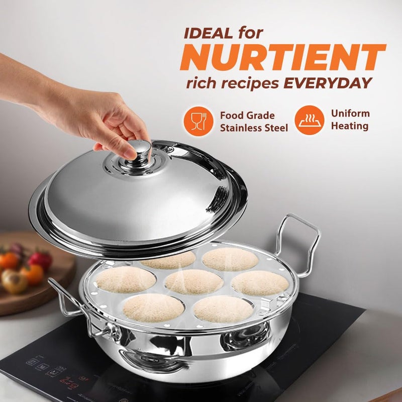 Kraft Stainless Steel Multi Kadai 5 Litre - 6 plate, 28 cm | 2 Idli, 2 Dhokla, 1 Patra & Mini Idli Plates | All in one Multipurpose idli dhokla maker | Induction and Gas Base Steamer - Image 3