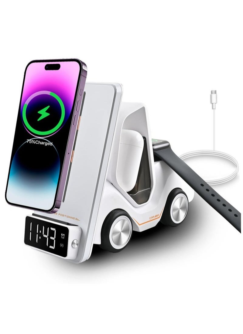 XiuWoo - Wireless Charging Station 5 in 1, Fast Charging for iPhone 12-15, Air Pods Pro 3 2, Apple Watch iWatch, Includes Alarm Clock and Night Light Features - Image 1
