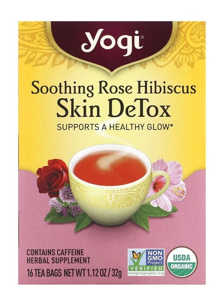 شاي يوغي، مزيل للسموم من الجلد، شاي الورد المهدئ بالكركديه، 16 كيس شاي، 1.12 أونصة (32 جم)