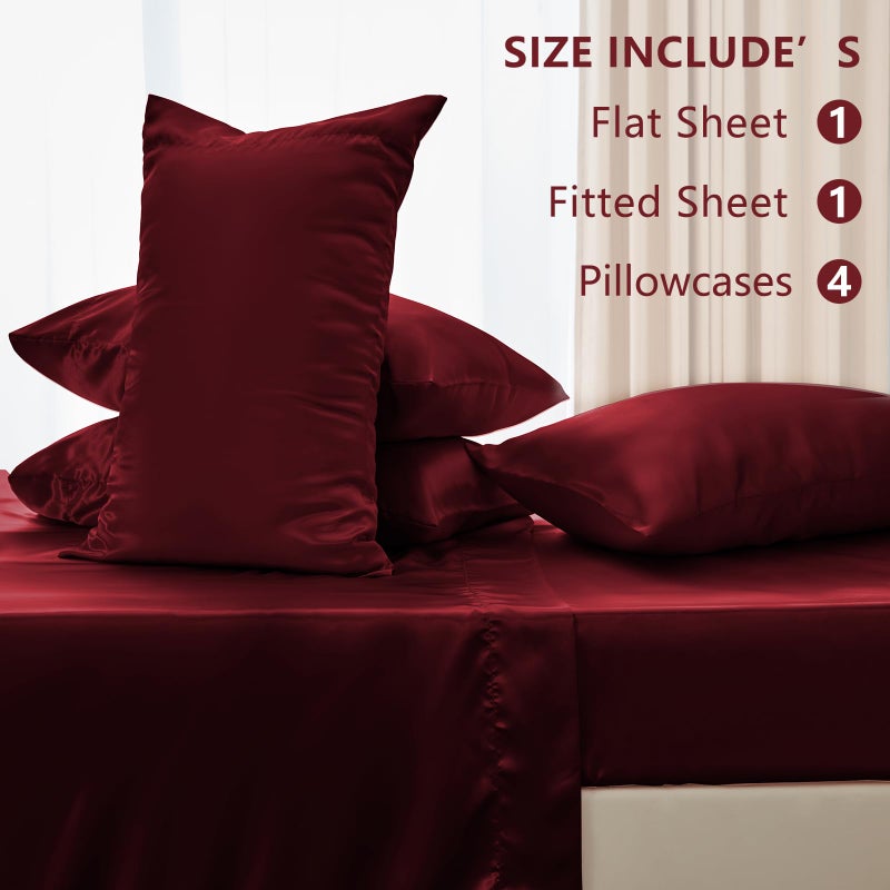 CozyLux Satin Sheets King Size - 6 Piece Burgundy Bed Sheet Set with Silky Microfiber  1 Deep Pocket Fitted Sheet  1 Flat Sheet  and 4 Pillowcases - Smooth and Soft - Image 2