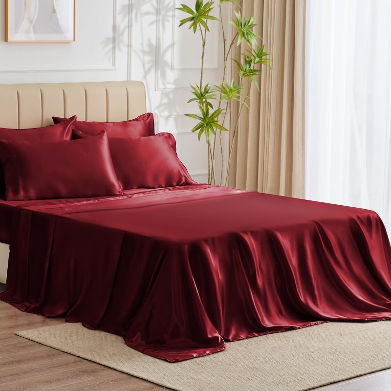 CozyLux Satin Sheets King Size - 6 Piece Burgundy Bed Sheet Set with Silky Microfiber  1 Deep Pocket Fitted Sheet  1 Flat Sheet  and 4 Pillowcases - Smooth and Soft - Image 1