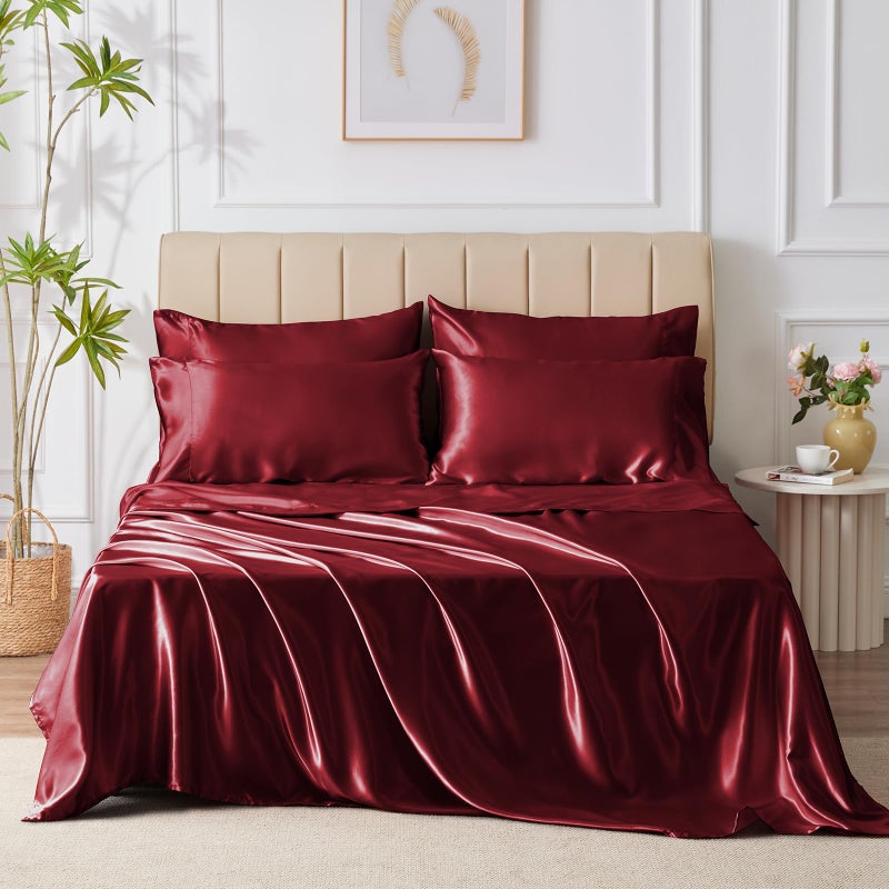 CozyLux Satin Sheets King Size - 6 Piece Burgundy Bed Sheet Set with Silky Microfiber  1 Deep Pocket Fitted Sheet  1 Flat Sheet  and 4 Pillowcases - Smooth and Soft - Image 3