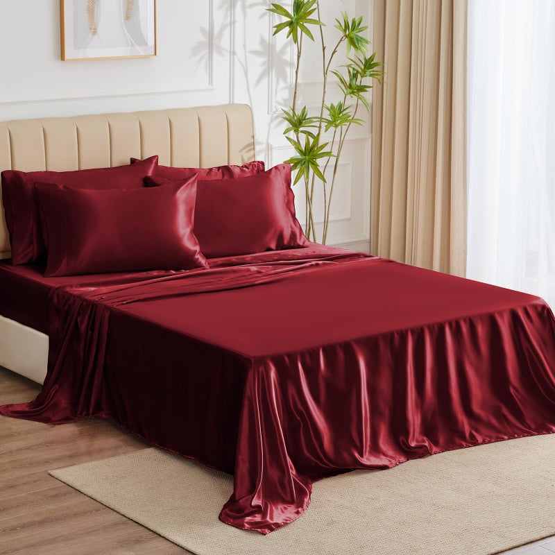 CozyLux Satin Sheets King Size - 6 Piece Burgundy Bed Sheet Set with Silky Microfiber  1 Deep Pocket Fitted Sheet  1 Flat Sheet  and 4 Pillowcases - Smooth and Soft - Image 5