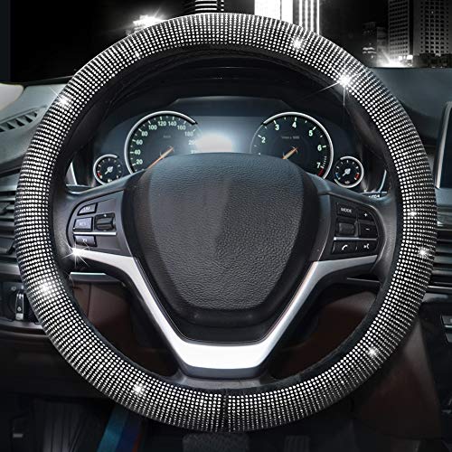 Valleycomfy Steering Wheel Cover for Women Men Bling Bling Crystal Diamond Sparkling Car SUV Wheel Protector Universal Fit 15 Inch (Black with White Diamond,Standard Size(14" 1/2-15" 1/4)) - Image 5