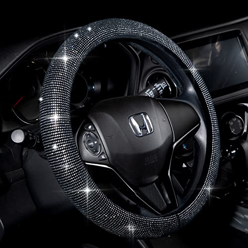 Valleycomfy Steering Wheel Cover for Women Men Bling Bling Crystal Diamond Sparkling Car SUV Wheel Protector Universal Fit 15 Inch (Black with White Diamond,Standard Size(14" 1/2-15" 1/4)) - Image 1