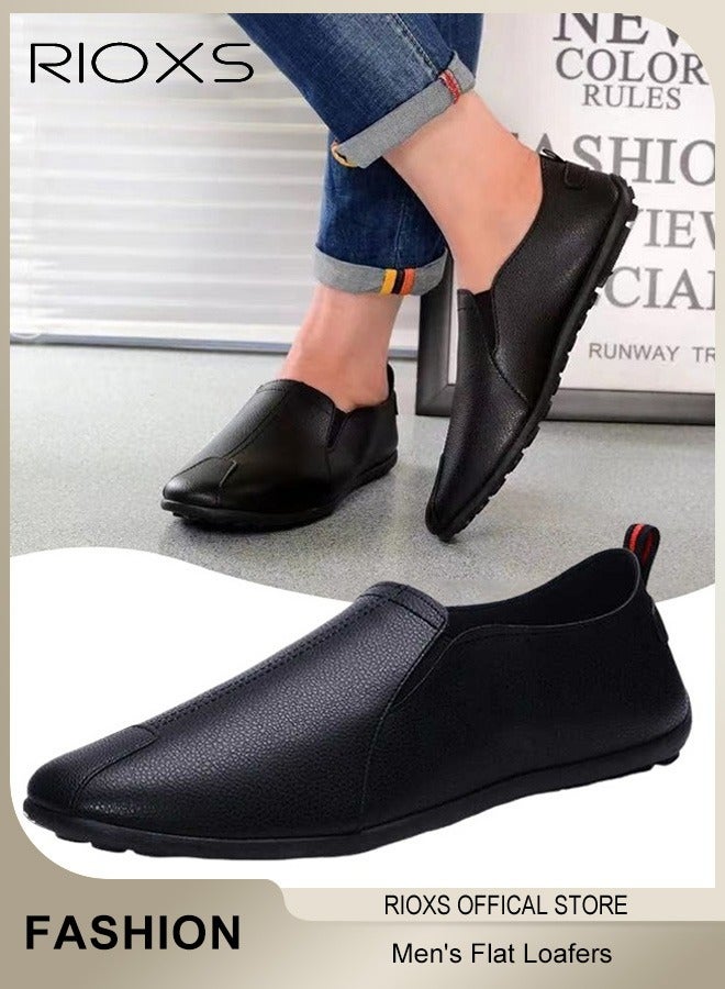 RIOXS Flat Loafers For Men,Casual Loafers,Slip On Flat Shoes,PU Leather Shoes,Mens Comfy Loafers For Office Outdoor,Breathable Boat Shoes,Lightweight Driving Shoes,Non-slip Walking Shoes  - Image 1