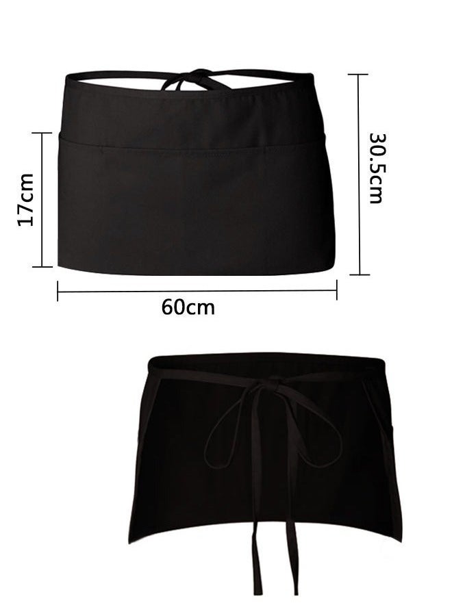2 Pack Waitress Apron with 3 Pockets Water resistant, Server Aprons with Long Straps, Waiter Short Half Waist Servers Apron 30cm Black - Image 2