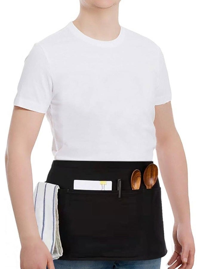 2 Pack Waitress Apron with 3 Pockets Water resistant, Server Aprons with Long Straps, Waiter Short Half Waist Servers Apron 30cm Black - Image 4