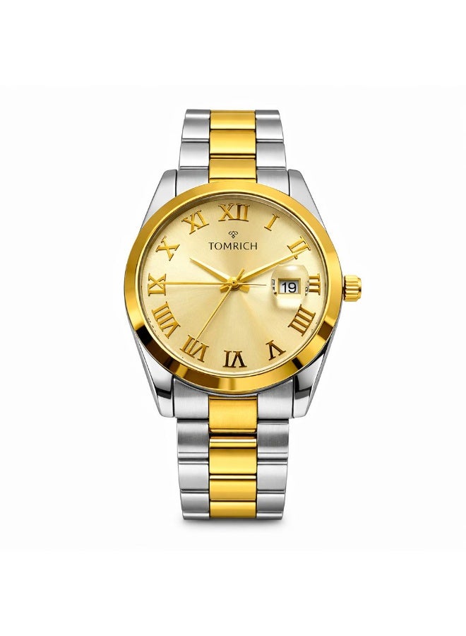 TOMRICH Aurelion Luxury Two-Tone Stainless Steel Men's Watch – Gold Dial, Roman Numerals, Date Display - Image 1