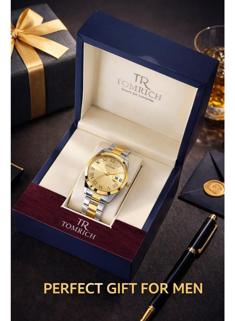 TOMRICH Aurelion Luxury Two-Tone Stainless Steel Men's Watch – Gold Dial, Roman Numerals, Date Display - Image 5