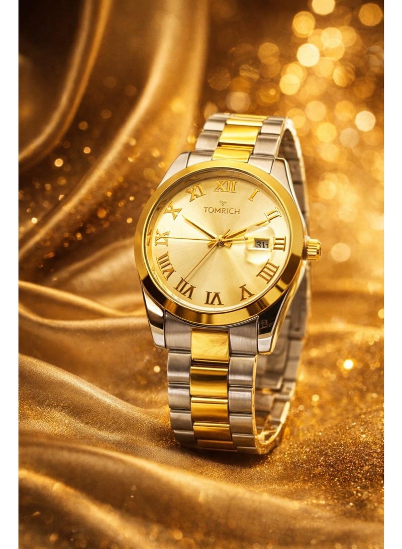 TOMRICH Aurelion Luxury Two-Tone Stainless Steel Men's Watch – Gold Dial, Roman Numerals, Date Display - Image 2