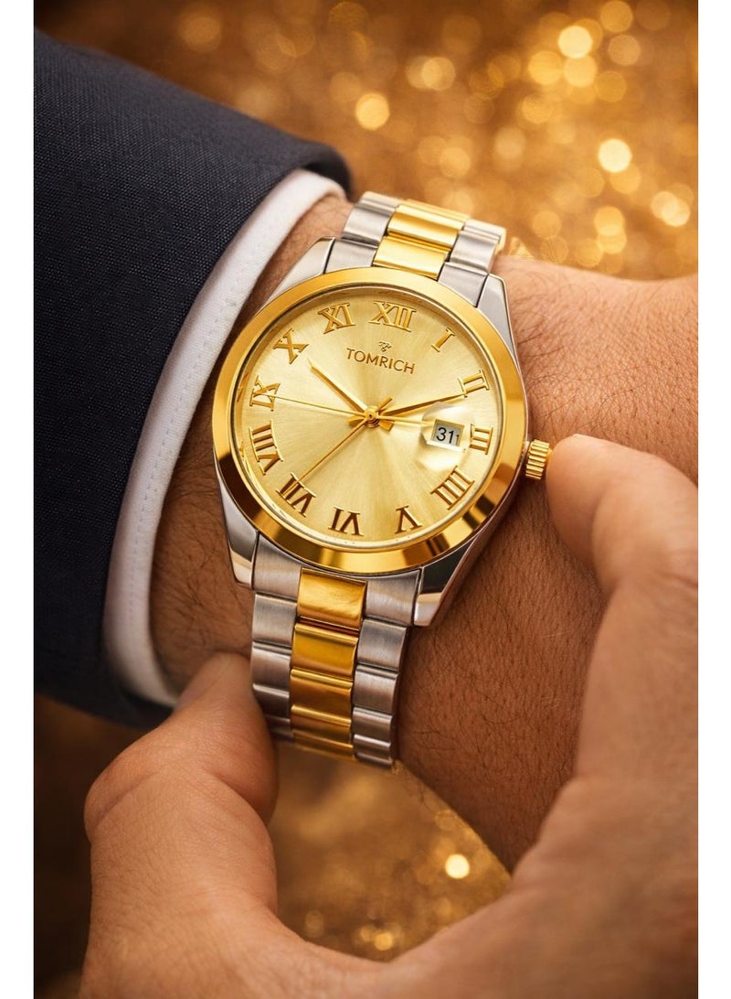 TOMRICH Aurelion Luxury Two-Tone Stainless Steel Men's Watch – Gold Dial, Roman Numerals, Date Display - Image 3