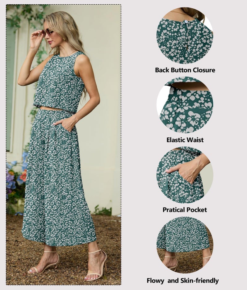 Lepunuo Women Summer 2 Piece Outfits Crop Sleeveless Top Cozy Wide Leg Pants Matching Set Lounge Summer Boho Trendy Clothes - Image 1