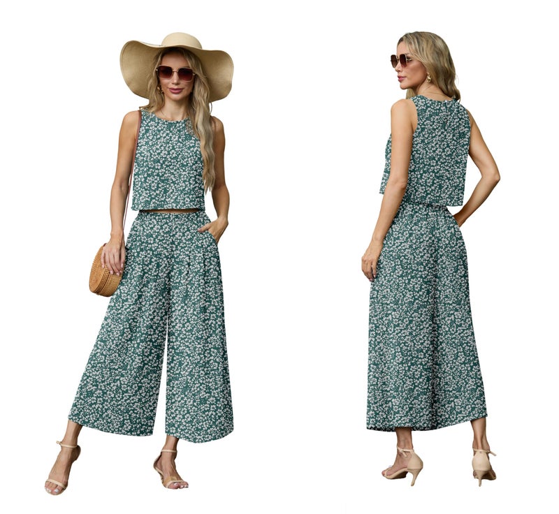 Lepunuo Women Summer 2 Piece Outfits Crop Sleeveless Top Cozy Wide Leg Pants Matching Set Lounge Summer Boho Trendy Clothes - Image 4