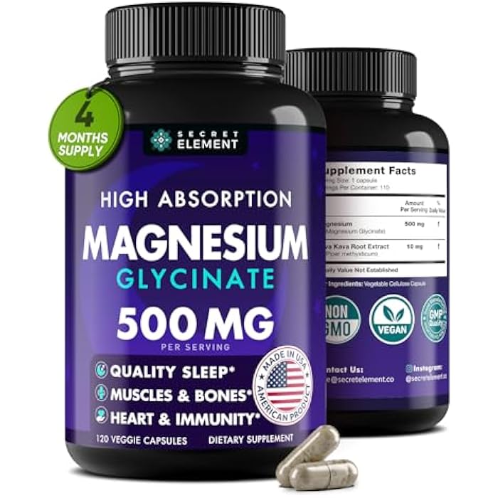 SECRET ELEMENT Magnesium Glycinate 500MG Capsules, Magnesium Supplement for Adults & Kids with Kava Kava, High Absorption, Vegan & Non-GMO, 120 Capsules - Image 1