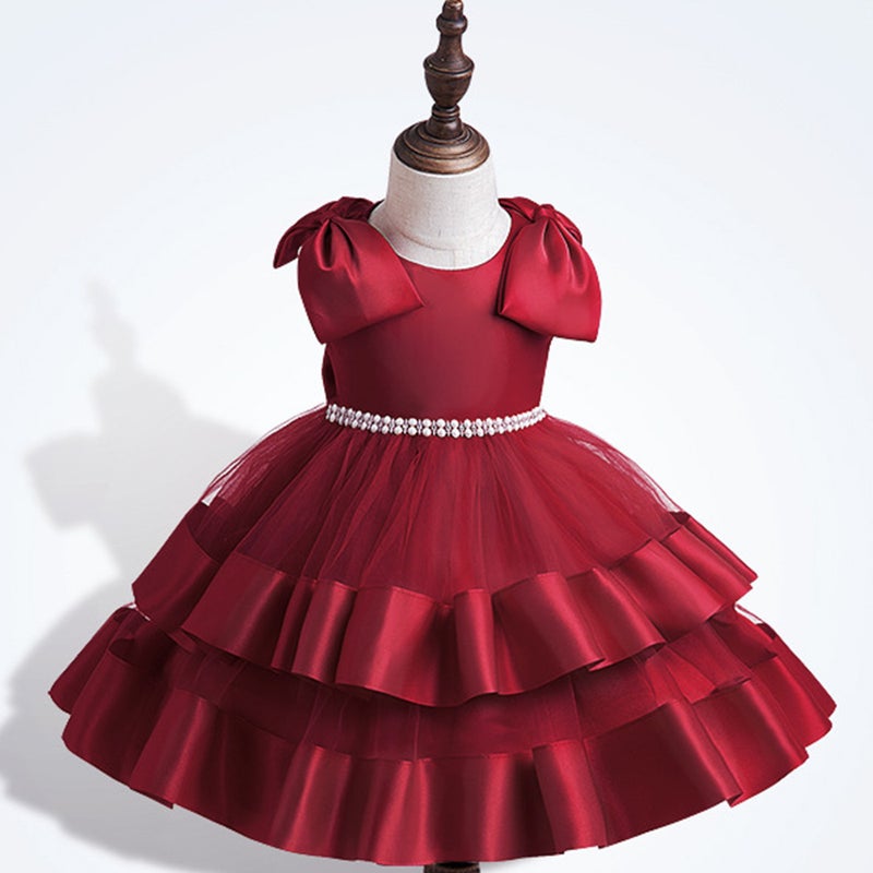 Girls New Solid Color Big Bow Mesh Puff Dinner Performance Dress Girls Birthday Party dress maroon