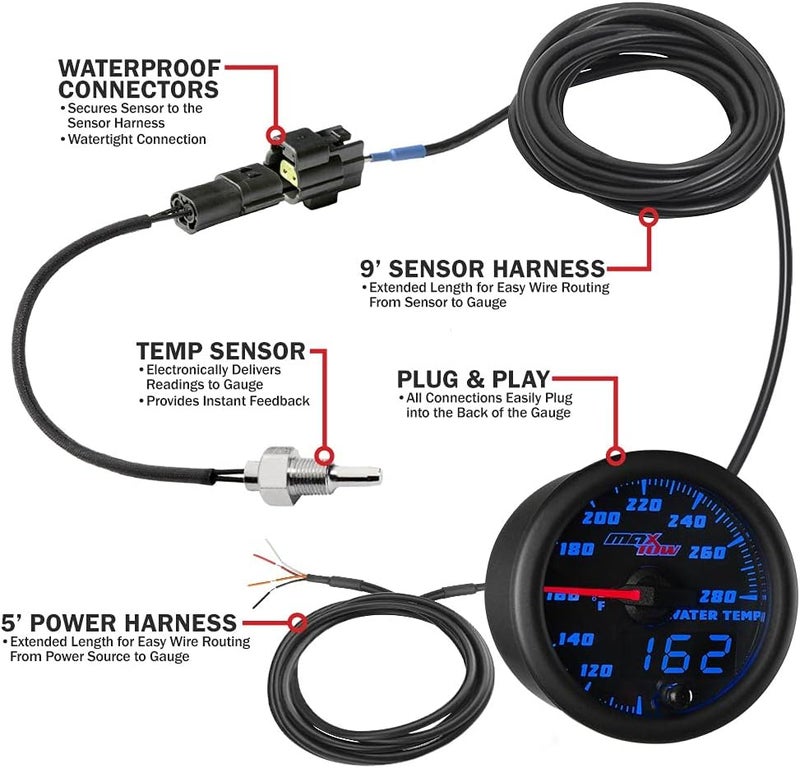 MaxTow Double Vision 280 F Water Coolant Temperature Gauge Kit - Includes Electronic Sensor - Black Gauge Face - Blue LED Illuminated Dial - Analog & Digital Readouts - for Trucks - 2-1/16" 52mm - Image 3