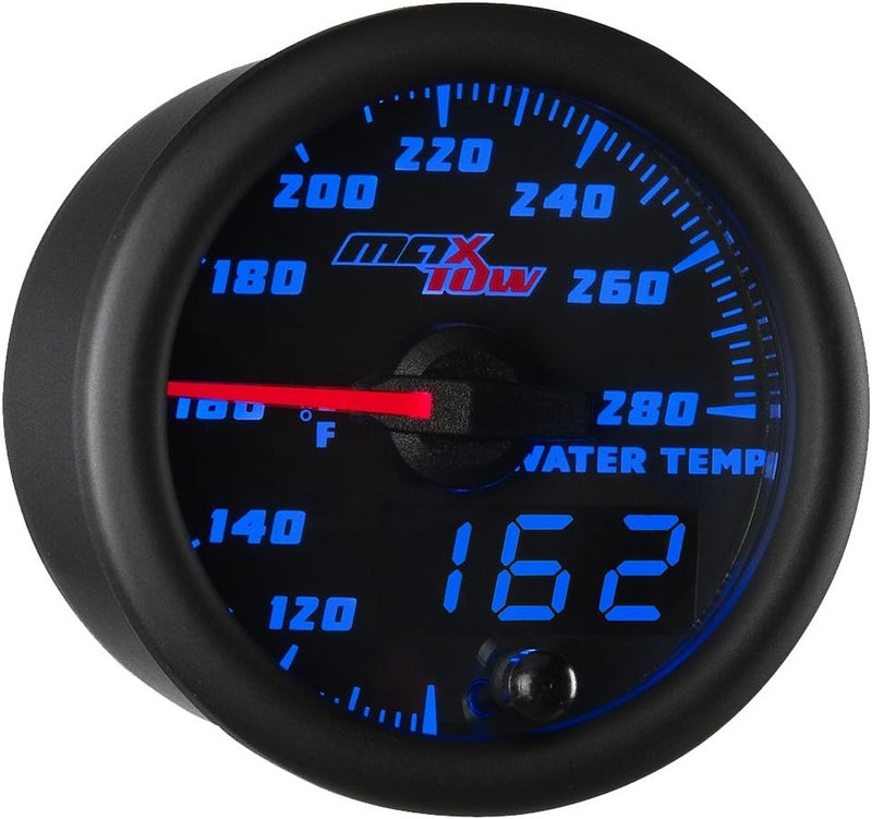 MaxTow Double Vision 280 F Water Coolant Temperature Gauge Kit - Includes Electronic Sensor - Black Gauge Face - Blue LED Illuminated Dial - Analog & Digital Readouts - for Trucks - 2-1/16" 52mm - Image 1