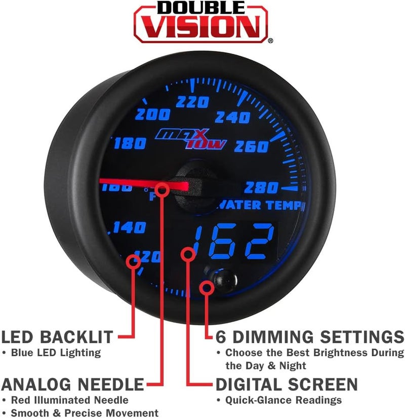 MaxTow Double Vision 280 F Water Coolant Temperature Gauge Kit - Includes Electronic Sensor - Black Gauge Face - Blue LED Illuminated Dial - Analog & Digital Readouts - for Trucks - 2-1/16" 52mm - Image 4