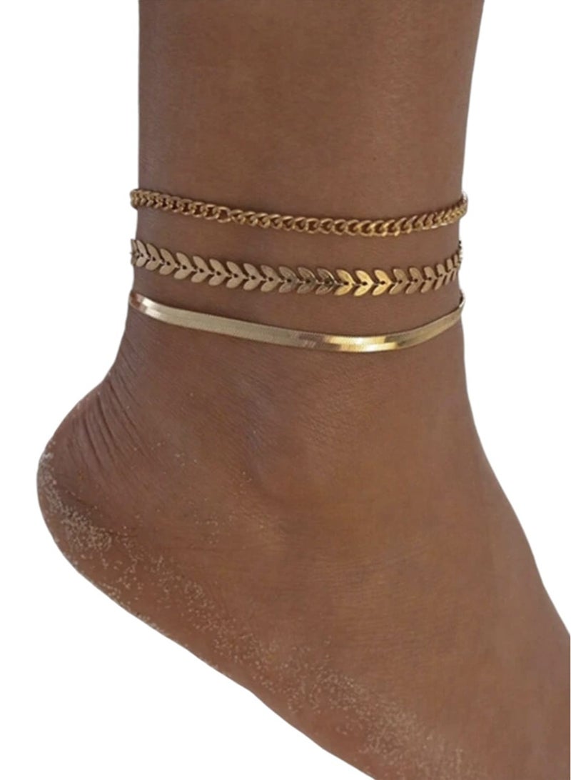 يوكا  مجموعة 3 قطع سوار كاحل نسائي عتيق بسيط ، سلسلة أفعى مسطحة وسلسلة قمح ، للارتداء اليومي العصري - Image 1