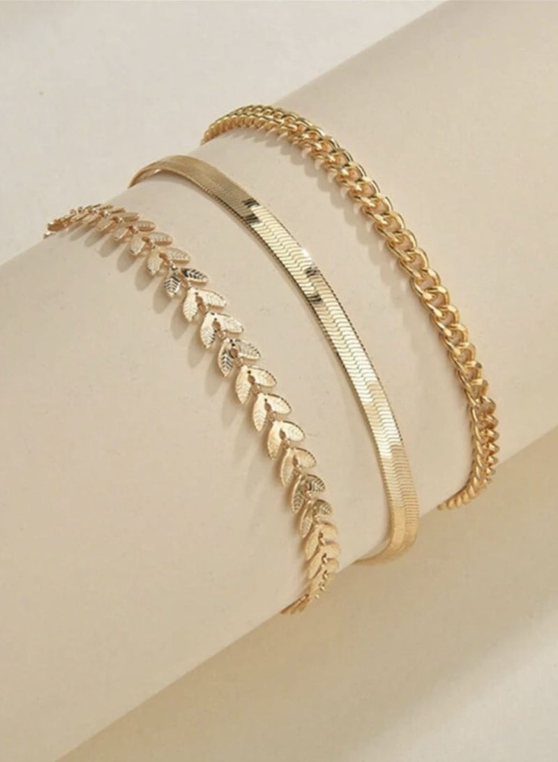 يوكا  مجموعة 3 قطع سوار كاحل نسائي عتيق بسيط ، سلسلة أفعى مسطحة وسلسلة قمح ، للارتداء اليومي العصري - Image 2