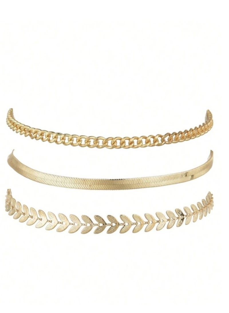 يوكا  مجموعة 3 قطع سوار كاحل نسائي عتيق بسيط ، سلسلة أفعى مسطحة وسلسلة قمح ، للارتداء اليومي العصري - Image 3