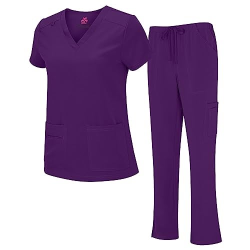 Natural Uniforms Women's Cool Stretch V-Neck Top and Cargo Pant Set (Eggplant, Large) - Image 1