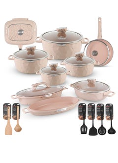 Life Smile Cookware Set 23 pieces - LIFE SMILE Pots and Pans set Granite Non Stick Coating 100% PFOA FREE, Induction Base Cooking Set include Casseroles & Shallow Pot & Fry Pans & Silicone Utensils Cream  - Image 1