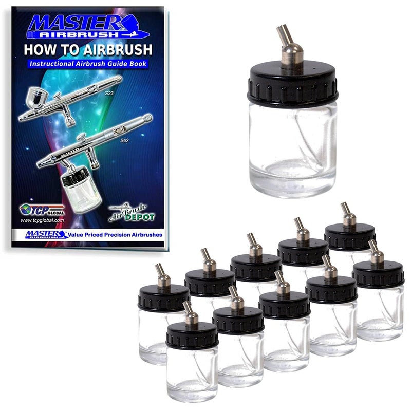 Master Airbrush (Pack of 10) TB-002 Empty 3/4 Ounce (22cc) Glass Jar Bottles with 30Â° Down Angle Adaptor Lid Assembly - Fits Dual-Action Siphon Feed Airbrushes, Use with Master, Badger, Paasche, Iwata - Image 1