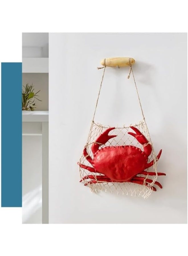 YINZUO YINZUO Nautical Wall Hanging Decor of Red Lobster and Crab Sculptures in Fishing Nets with Wooden Floats for Beach House or Coastal Kitchen Wall Art  - Image 2