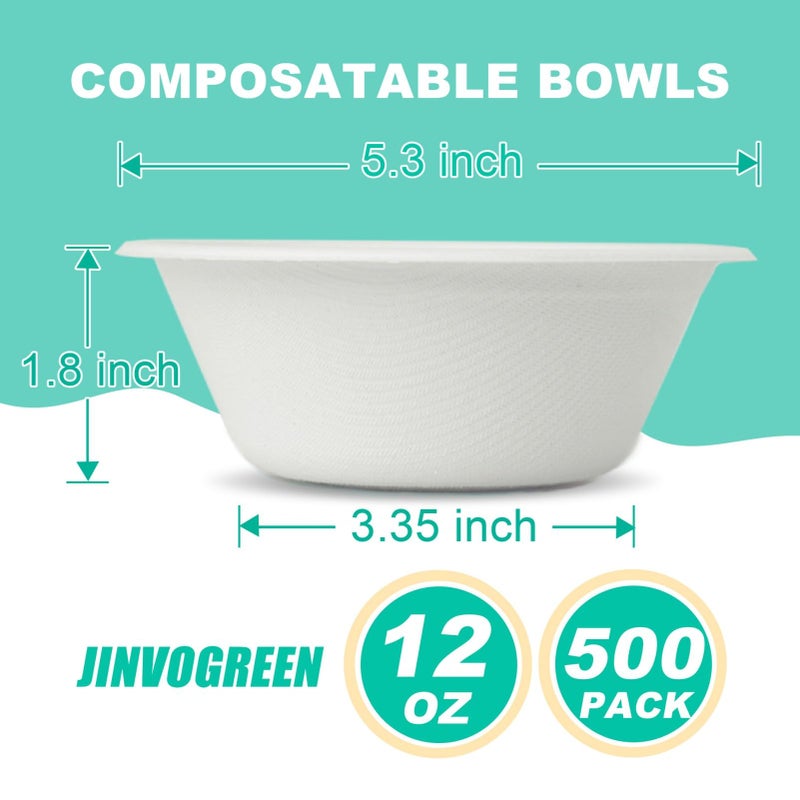 JINVOGREEN 500 Count 12 oz Paper Bowls, Disposable Compostable Bowls Bulk, Heavy Duty Biodegradable Bagasse Bowl for Snacks, Soup, and Salads, White - Image 2