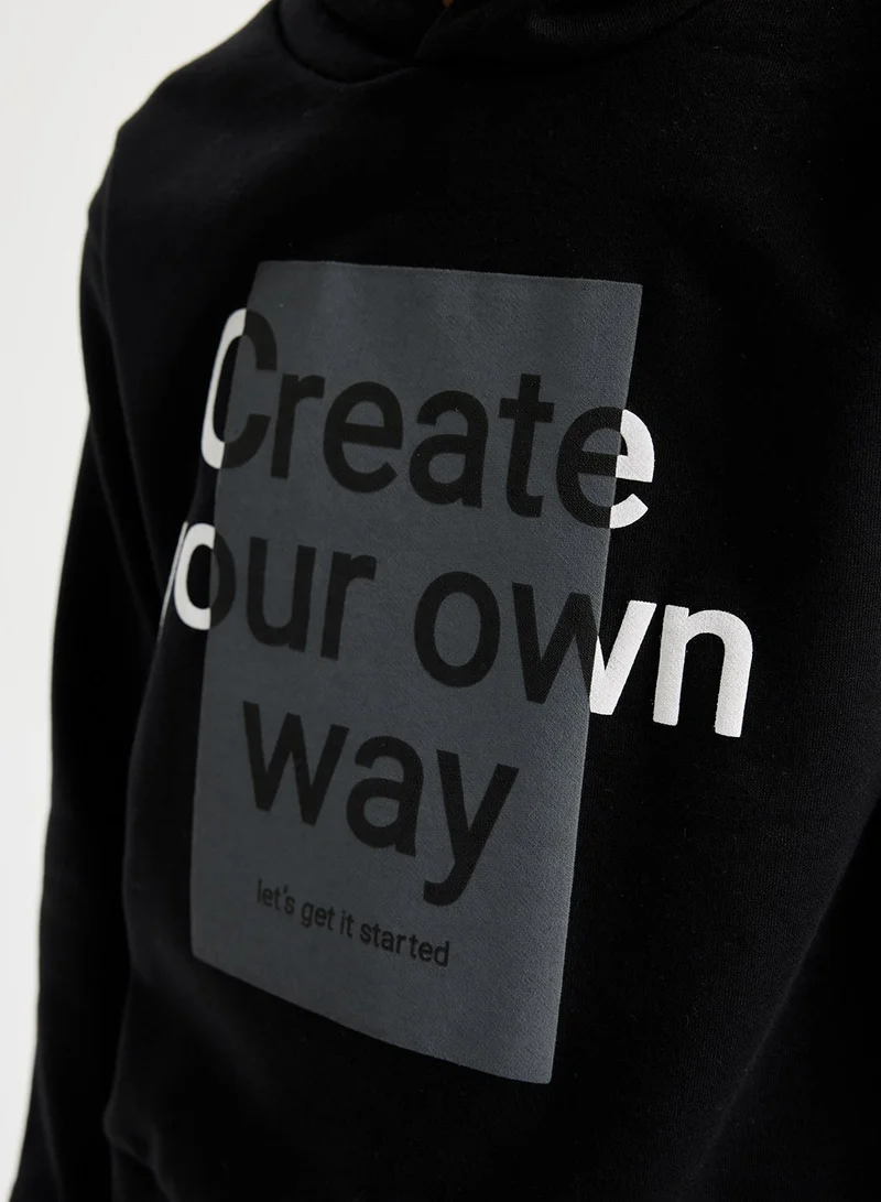 DeFacto Hooded Printed Sweatshirt With Elastic Waist Jogger Pants 2-Piece Set