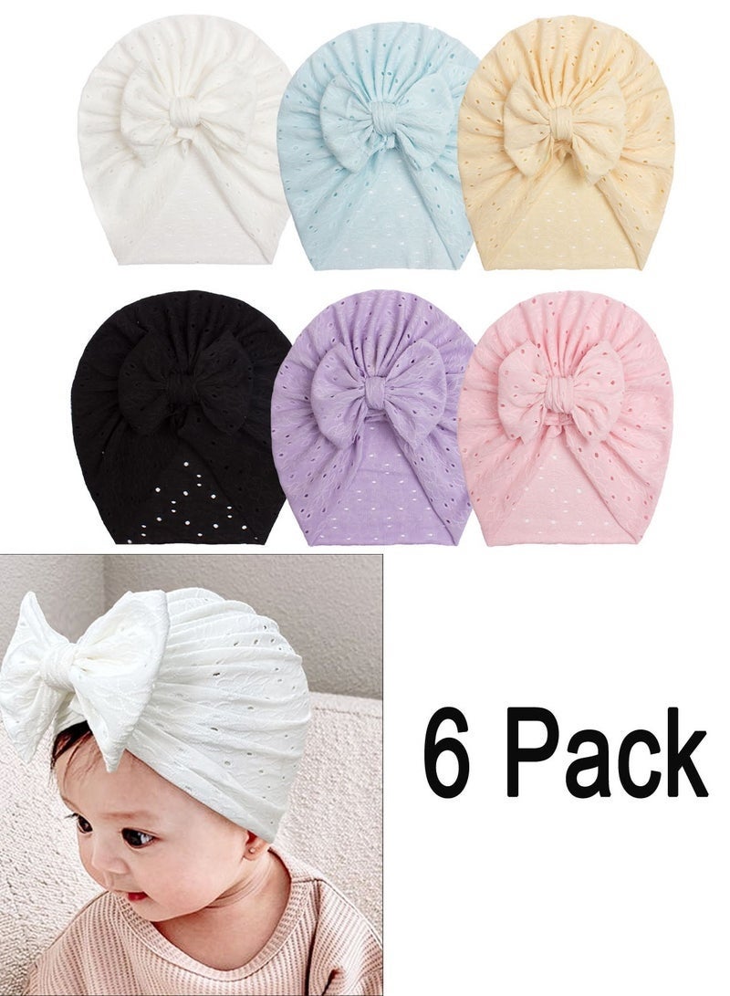 6 Pcs Big Bow Turban Beanie Caps Mesh Newborn Baby Solid Knot Hats Toddler Turban Bow Cap - Image 1
