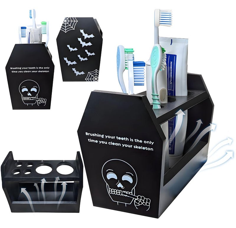 TOSOENPHY Halloween Gothic Bathroom Decor - Spooky Goth Coffin Toothbrush Holder Sides Wide Open Quick Dry, Roomy Space, Horror Bats Skull Design - Image 1