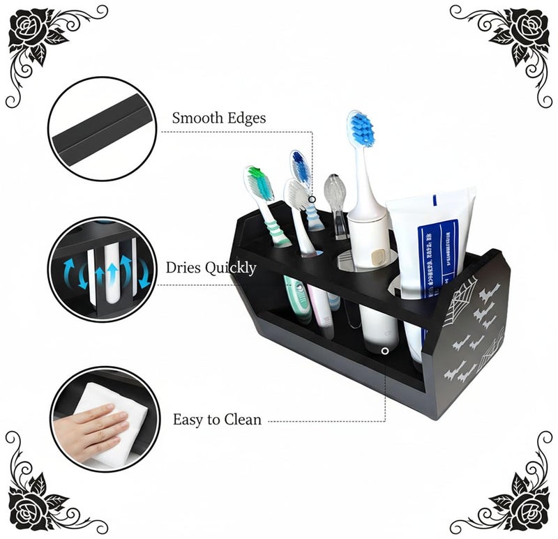 TOSOENPHY Halloween Gothic Bathroom Decor - Spooky Goth Coffin Toothbrush Holder Sides Wide Open Quick Dry, Roomy Space, Horror Bats Skull Design - Image 4