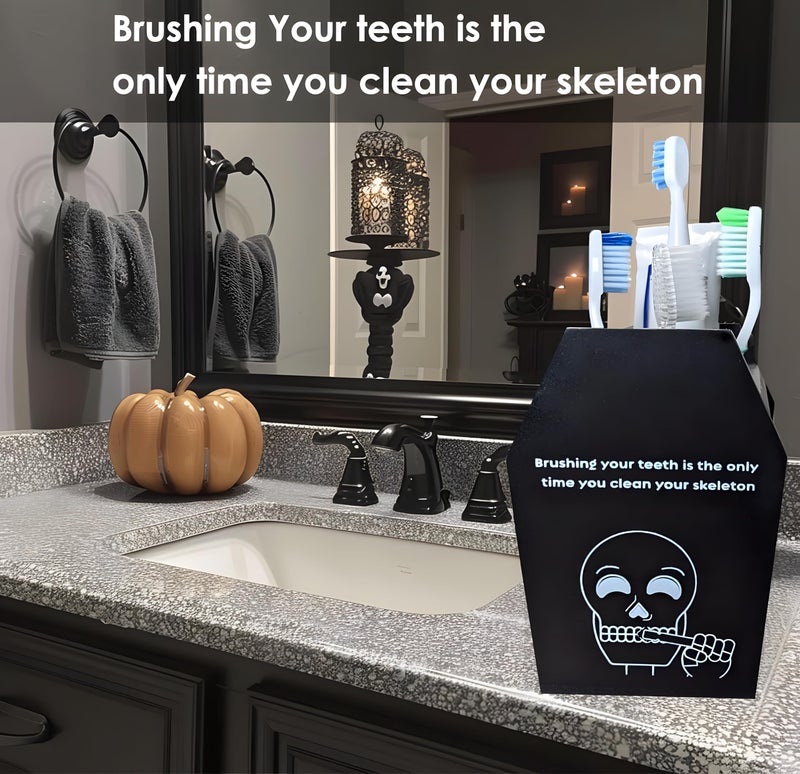 TOSOENPHY Halloween Gothic Bathroom Decor - Spooky Goth Coffin Toothbrush Holder Sides Wide Open Quick Dry, Roomy Space, Horror Bats Skull Design - Image 3