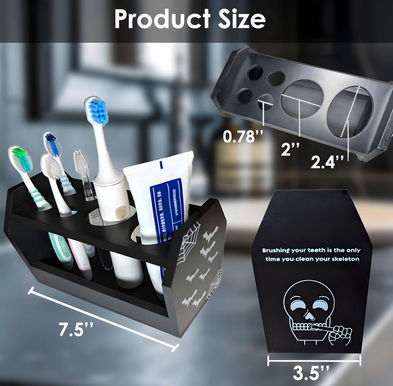 TOSOENPHY Halloween Gothic Bathroom Decor - Spooky Goth Coffin Toothbrush Holder Sides Wide Open Quick Dry, Roomy Space, Horror Bats Skull Design - Image 5