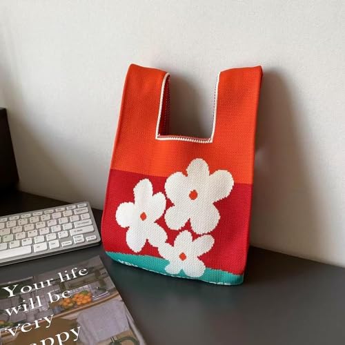 Kawn® Crochet Wrist Handbag for Women Wristlet Handbag Sleeve Knot Pouch Portable knitted breathable lightweight foldable Casual Small Purse Cute Tote Bag For Shopping, Dating, Travel (3 Flowers Red) - Image 4