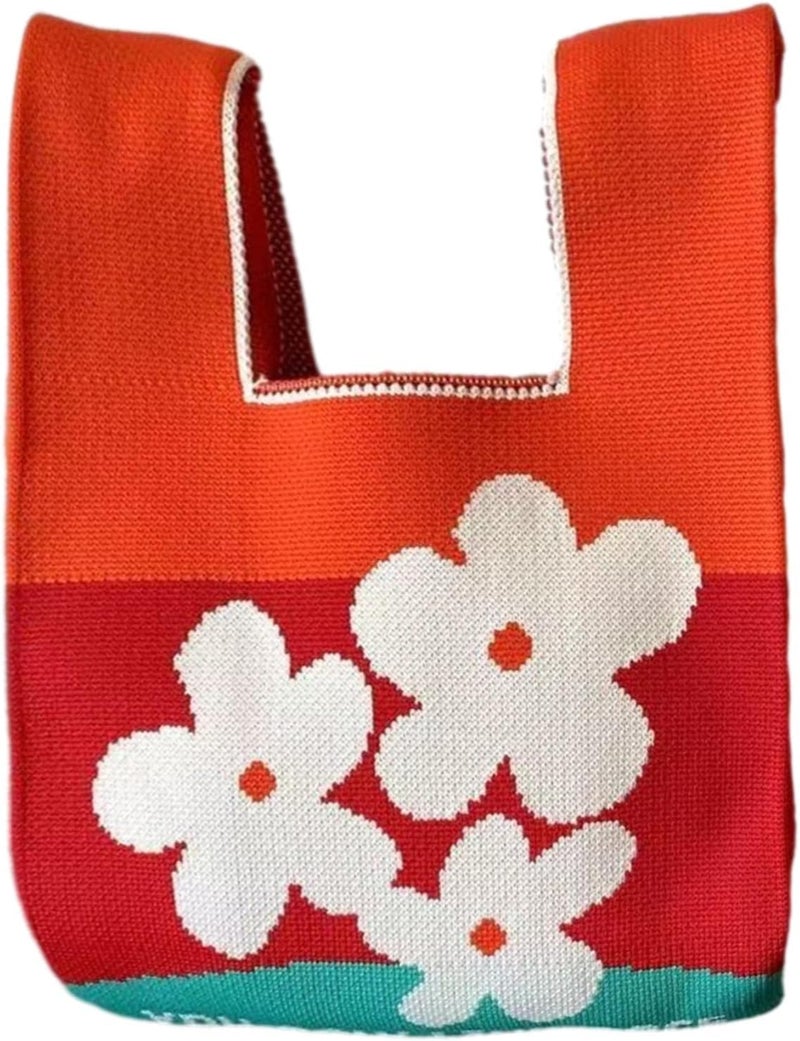Kawn® Crochet Wrist Handbag for Women Wristlet Handbag Sleeve Knot Pouch Portable knitted breathable lightweight foldable Casual Small Purse Cute Tote Bag For Shopping, Dating, Travel (3 Flowers Red) - Image 1