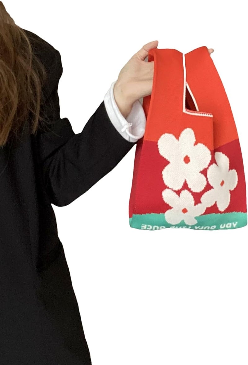 Kawn® Crochet Wrist Handbag for Women Wristlet Handbag Sleeve Knot Pouch Portable knitted breathable lightweight foldable Casual Small Purse Cute Tote Bag For Shopping, Dating, Travel (3 Flowers Red) - Image 5