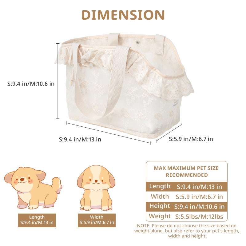 ONECUTE Dog Carrier for Small Dogs Rabbit cat with Lace Design, Cotton Bag, Dog Carrier Soft Sided, Collapsible Travel Puppy Carrier (Beige, 13" L x 6.7" W x 10.6" H) - Image 2