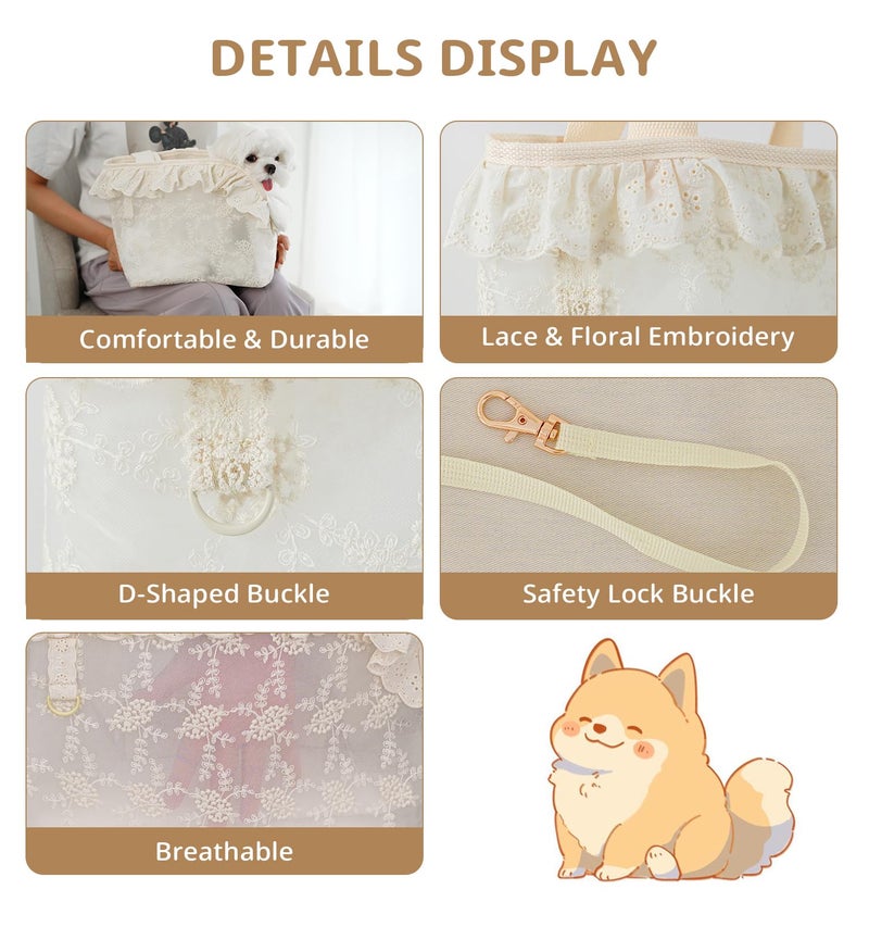 ONECUTE Dog Carrier for Small Dogs Rabbit cat with Lace Design, Cotton Bag, Dog Carrier Soft Sided, Collapsible Travel Puppy Carrier (Beige, 13" L x 6.7" W x 10.6" H) - Image 3