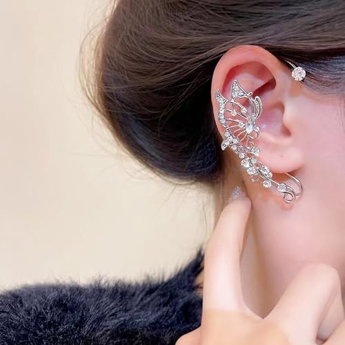 WZNBBOY 2Pcs Sparkly Rhinestone Butterfly Ear Cuffs Fairy Crystal Ear Cuffs Climber Cuff Wrap Around Earrings Non-Piercing Ear Clip Fake Earrings Silver for Women(Butterfly Cuff-Silver) - Image 3