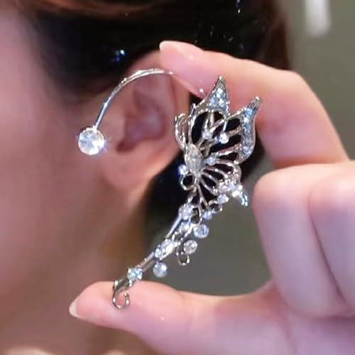 WZNBBOY 2Pcs Sparkly Rhinestone Butterfly Ear Cuffs Fairy Crystal Ear Cuffs Climber Cuff Wrap Around Earrings Non-Piercing Ear Clip Fake Earrings Silver for Women(Butterfly Cuff-Silver) - Image 5