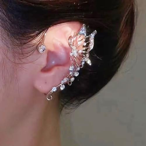 WZNBBOY 2Pcs Sparkly Rhinestone Butterfly Ear Cuffs Fairy Crystal Ear Cuffs Climber Cuff Wrap Around Earrings Non-Piercing Ear Clip Fake Earrings Silver for Women(Butterfly Cuff-Silver) - Image 4