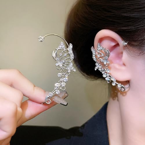 WZNBBOY 2Pcs Sparkly Rhinestone Butterfly Ear Cuffs Fairy Crystal Ear Cuffs Climber Cuff Wrap Around Earrings Non-Piercing Ear Clip Fake Earrings Silver for Women(Butterfly Cuff-Silver) - Image 2
