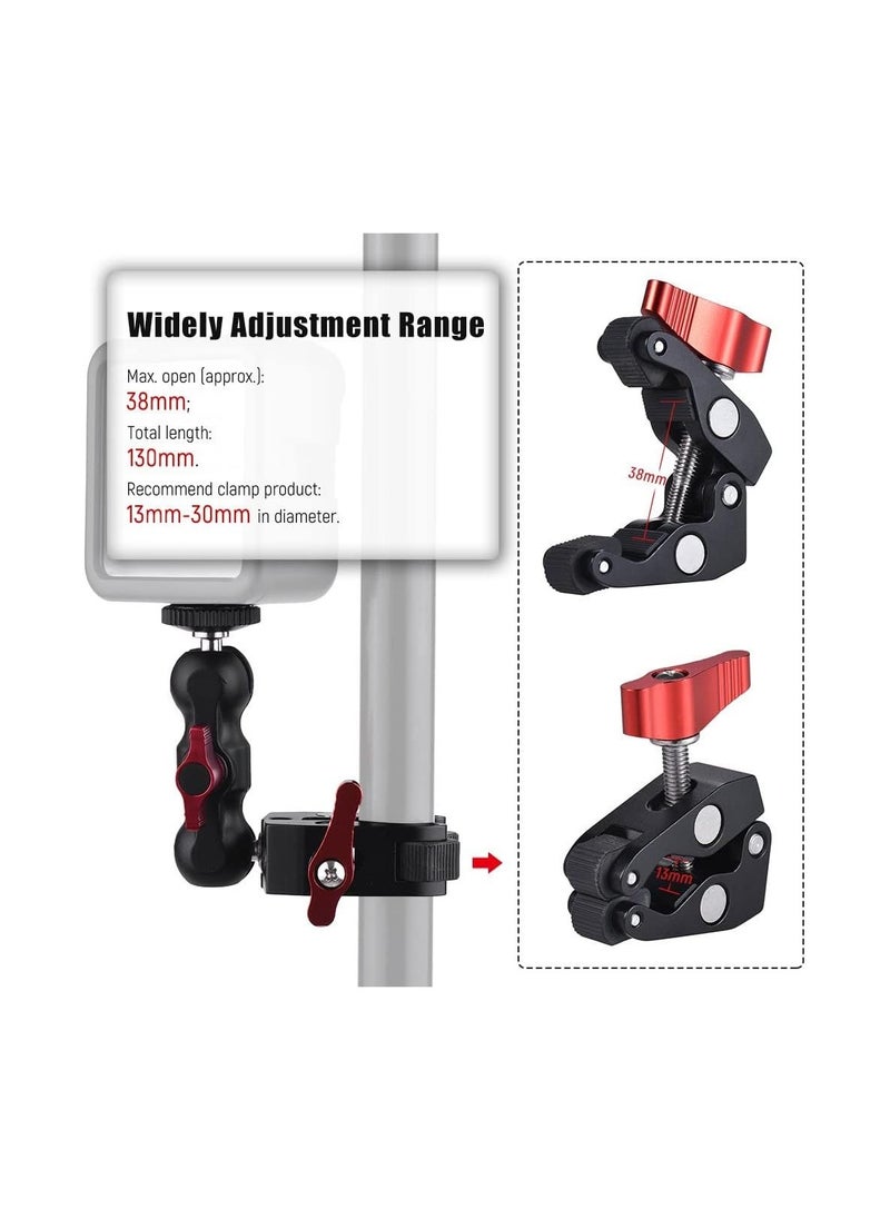 Super Clamp Mount w/Mini Ball Head Mount Hot Shoe Adapter with 1/4 Screw for LCD Field Monitor/LED Lights/Flash/Microphone/compatible with Gopro/DJI Action 2/Insta360 (D)