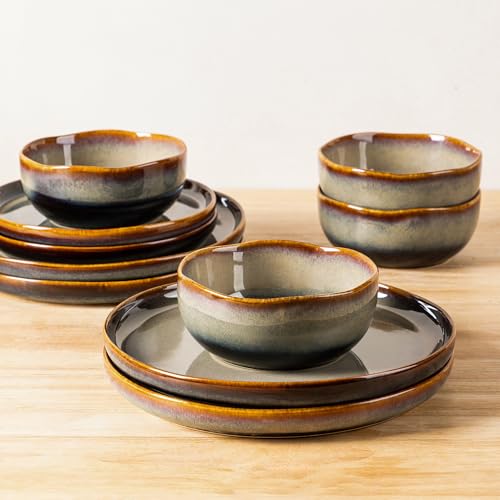 TheTerra Ceramic Dinnerware Sets for 4, 12 Pieces Porcelain Lightweight Plates and Bowls Sets, Scratch Resistant Dish Set, Oven & Microwave & Dishwasher Safe, Coffee Bean - Image 4