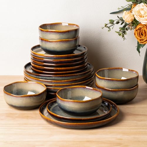 TheTerra Ceramic Dinnerware Sets for 4, 12 Pieces Porcelain Lightweight Plates and Bowls Sets, Scratch Resistant Dish Set, Oven & Microwave & Dishwasher Safe, Coffee Bean - Image 1